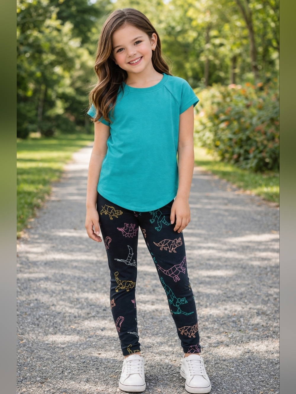 Girls 2-Piece Outfit XS 4/5 Teal Short Sleeve Top & Dinosaur Print Leggings Set